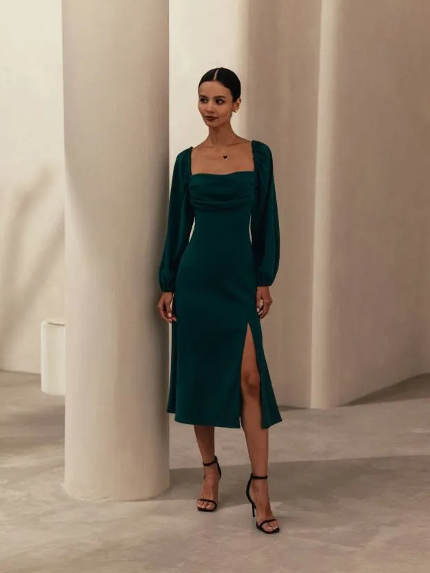 Green Square Neck Full Sleeve A-line Dress