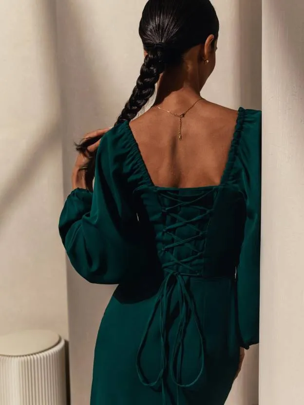 Green Square Neck Full Sleeve A-line Dress