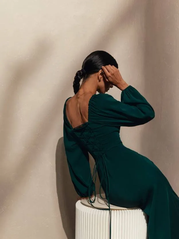 Green Square Neck Full Sleeve A-line Dress