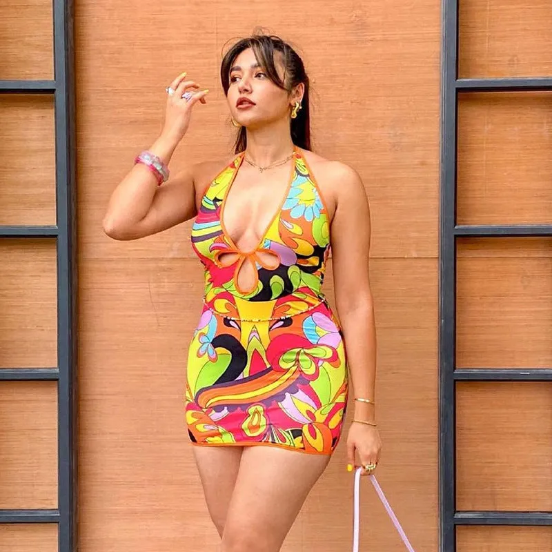 Hallter Colorblock Hollow Backless Mini Dress