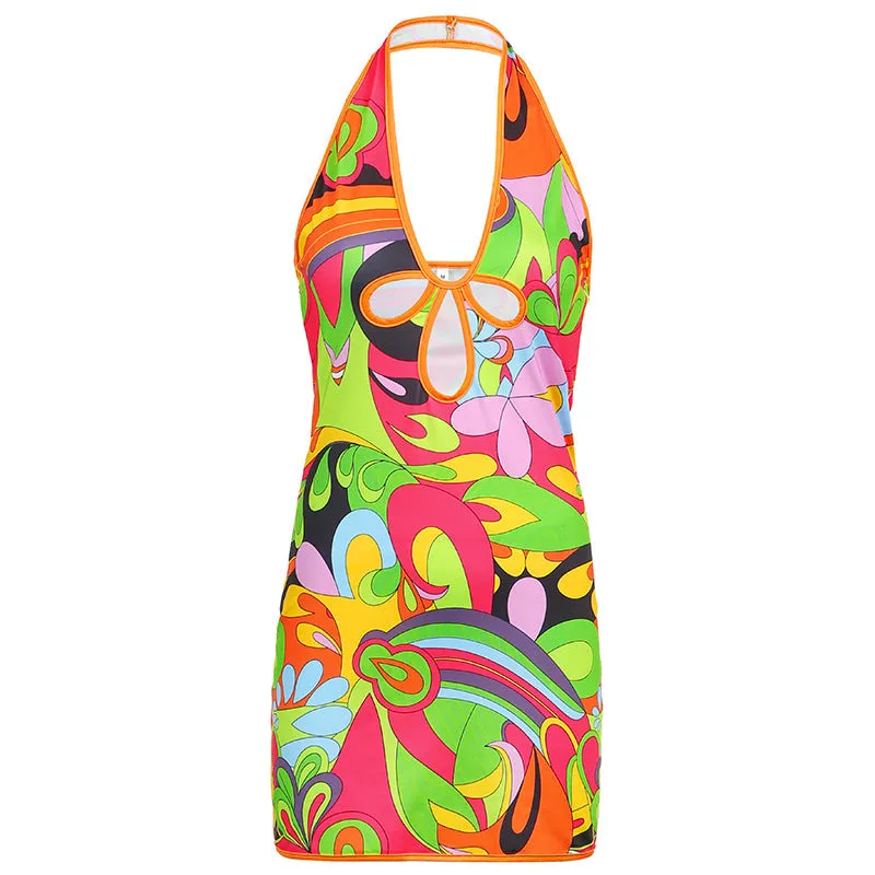 Hallter Colorblock Hollow Backless Mini Dress