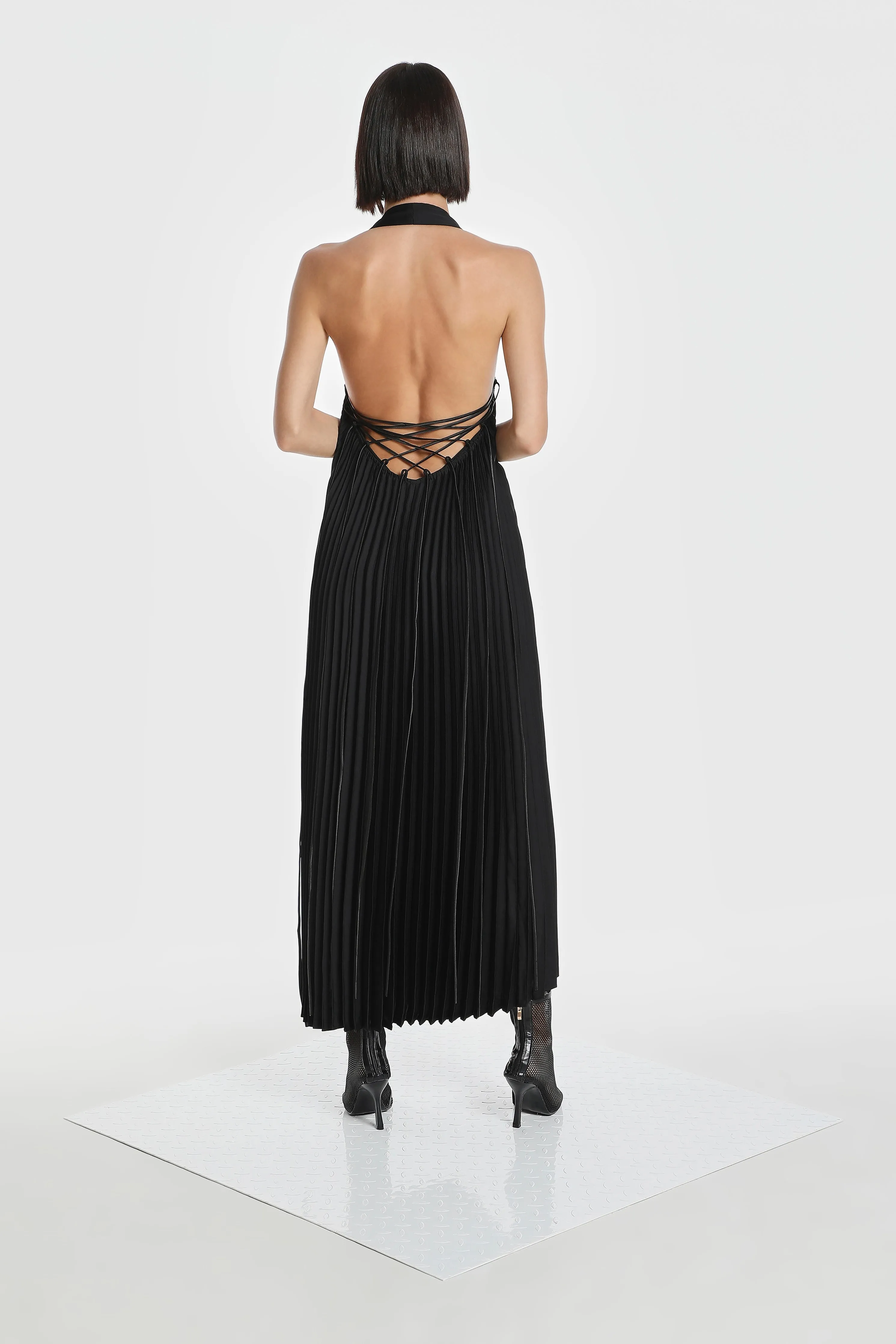 HALTER ACCENT PLEATED DRESS