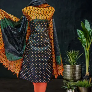 Hand Block Printed Tussar Silk Material in Black Orange