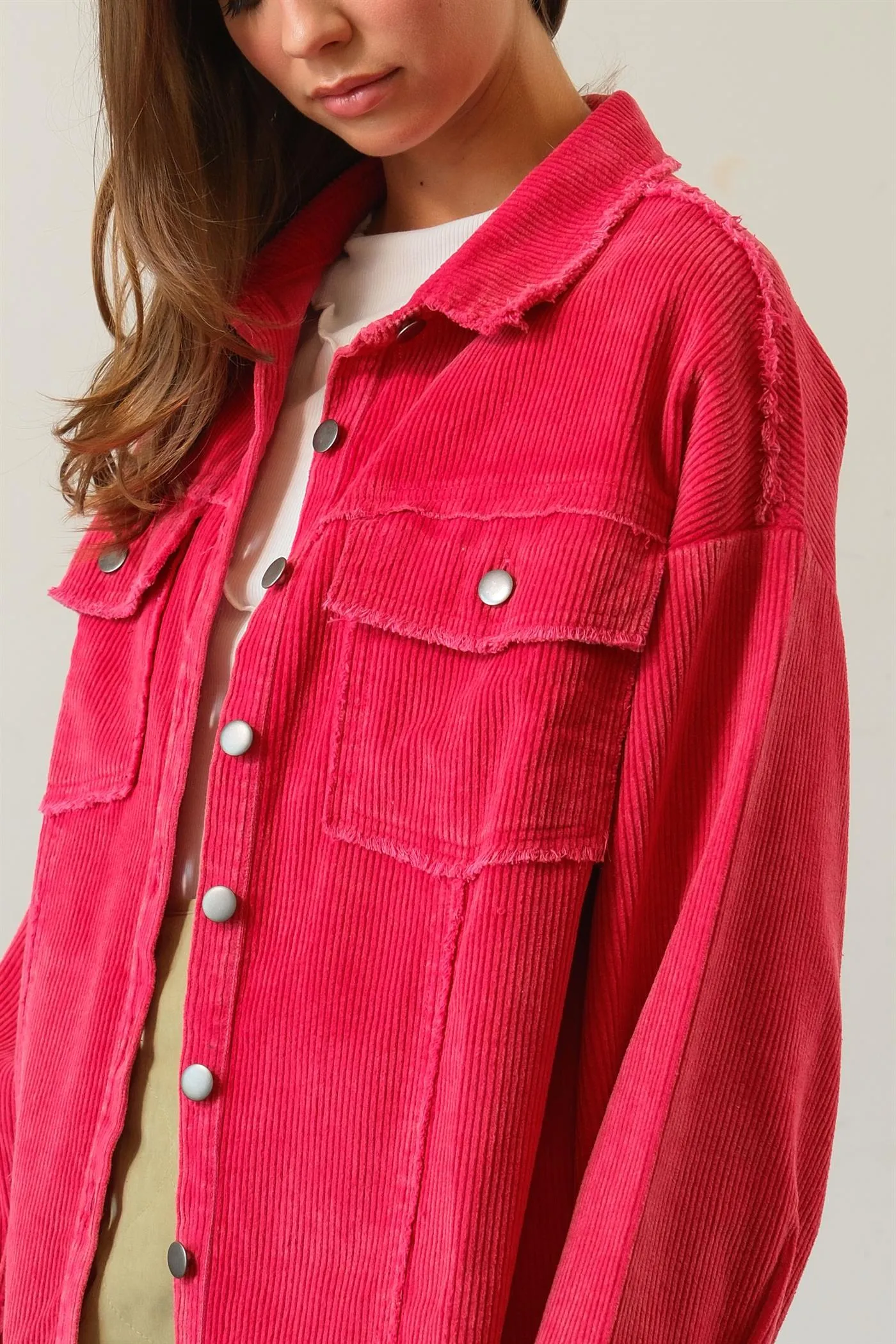 HF25A748-Washed Corduroy Frayed Shacket