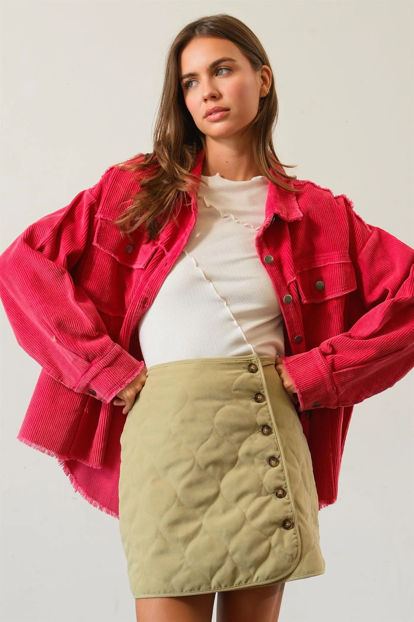 HF25A748-Washed Corduroy Frayed Shacket