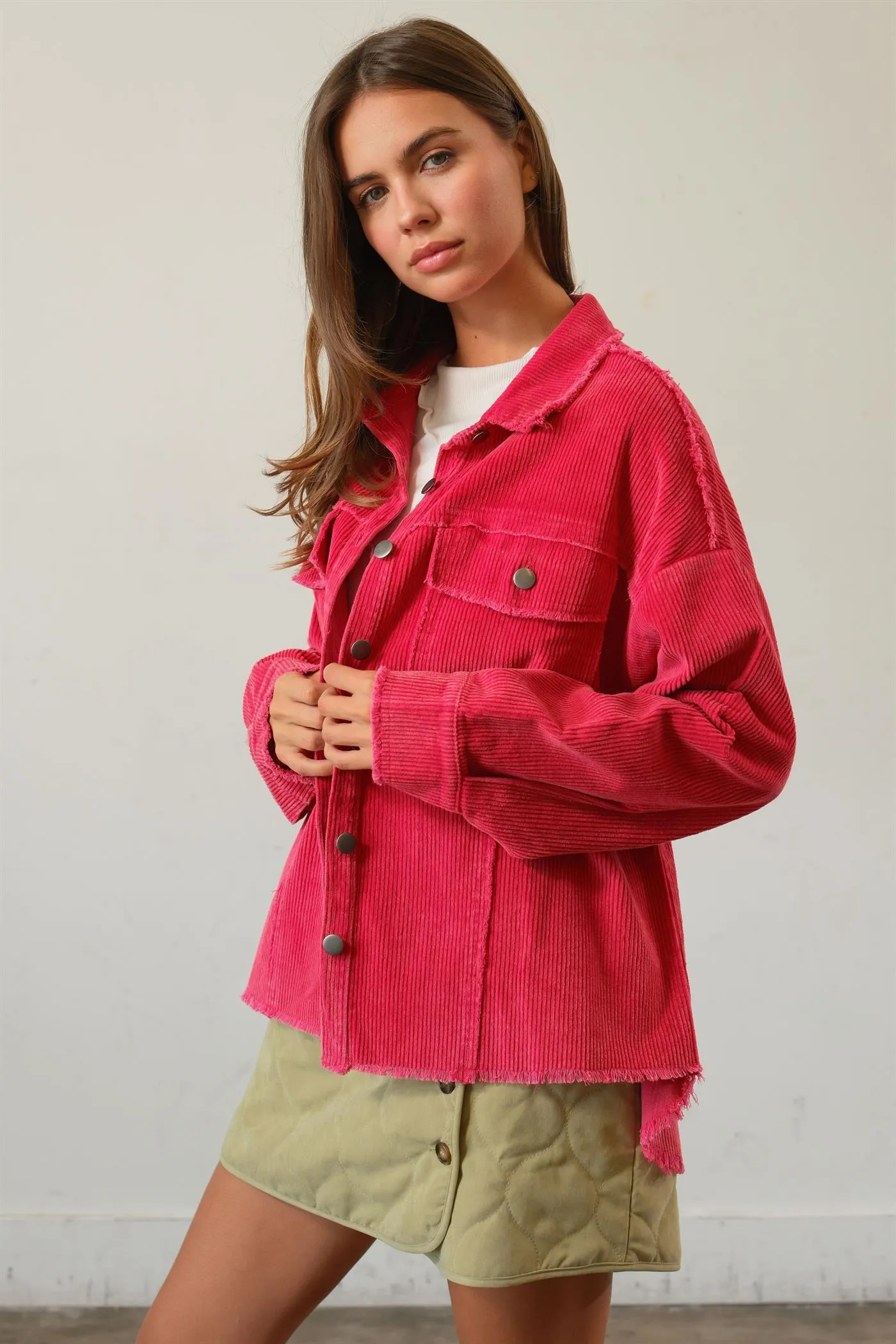 HF25A748-Washed Corduroy Frayed Shacket