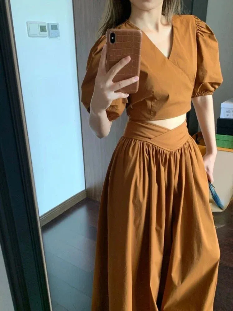 Hnzxzm 2024 Summer Camisole Blouse Bodycon Skirt Two-piece Set Hollow Out Dress