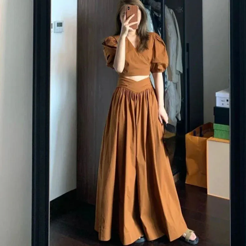 Hnzxzm 2024 Summer Camisole Blouse Bodycon Skirt Two-piece Set Hollow Out Dress