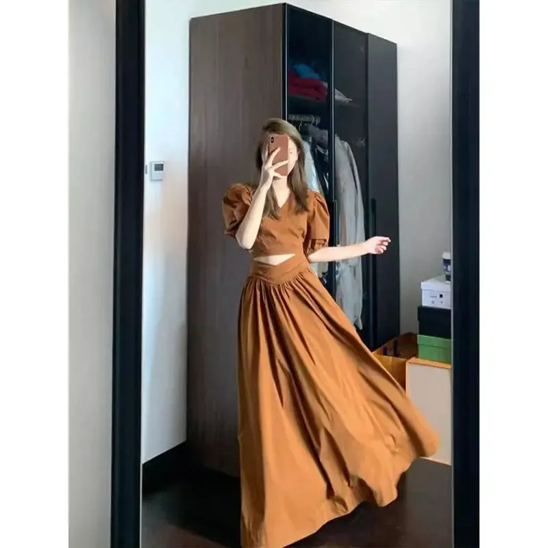 Hnzxzm 2024 Summer Camisole Blouse Bodycon Skirt Two-piece Set Hollow Out Dress