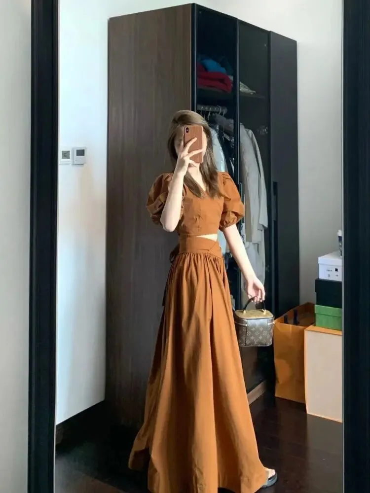 Hnzxzm 2024 Summer Camisole Blouse Bodycon Skirt Two-piece Set Hollow Out Dress