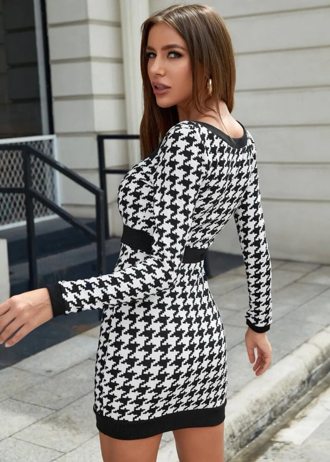 Hounds-tooth Single Breasted Square Neck Bodycon Dress