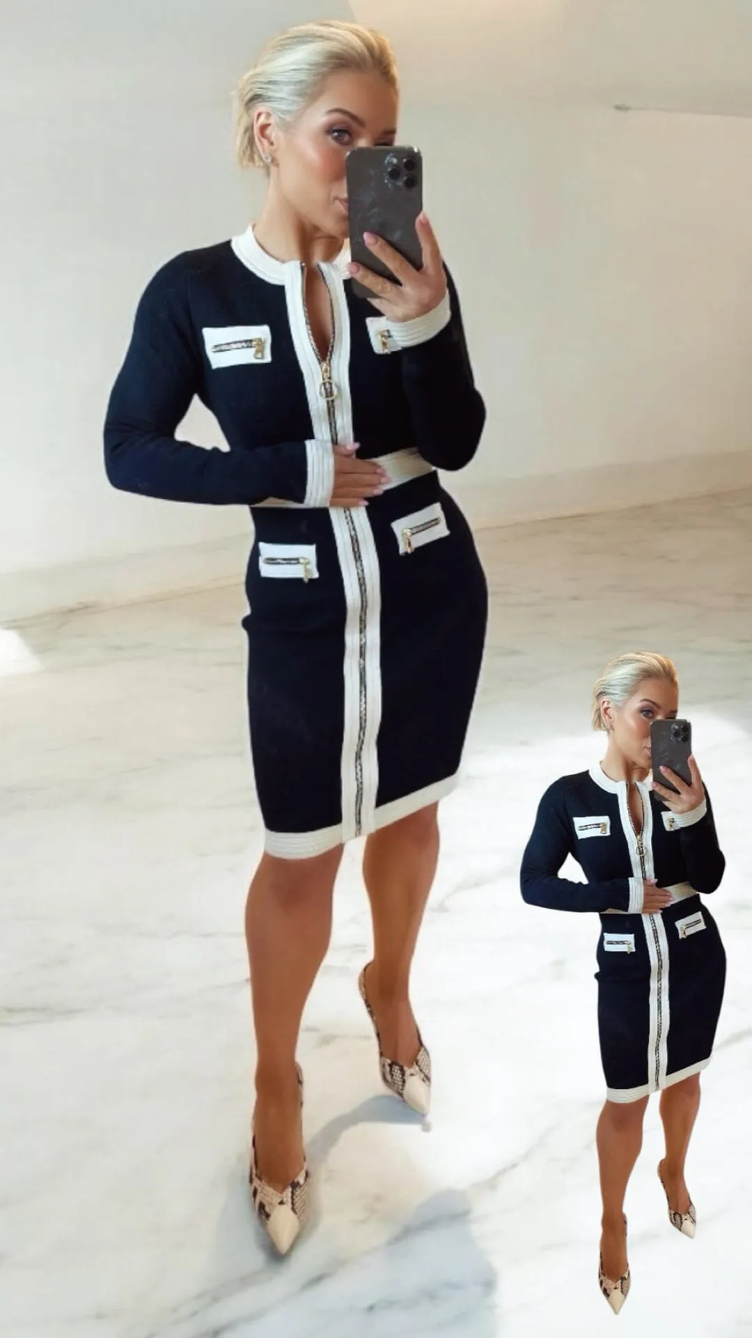 JASMINE ZIP FRONT DRESS - BLACK/WHITE