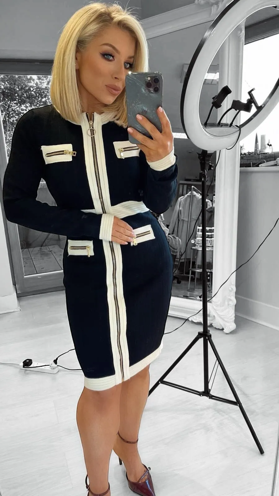 JASMINE ZIP FRONT DRESS - BLACK/WHITE