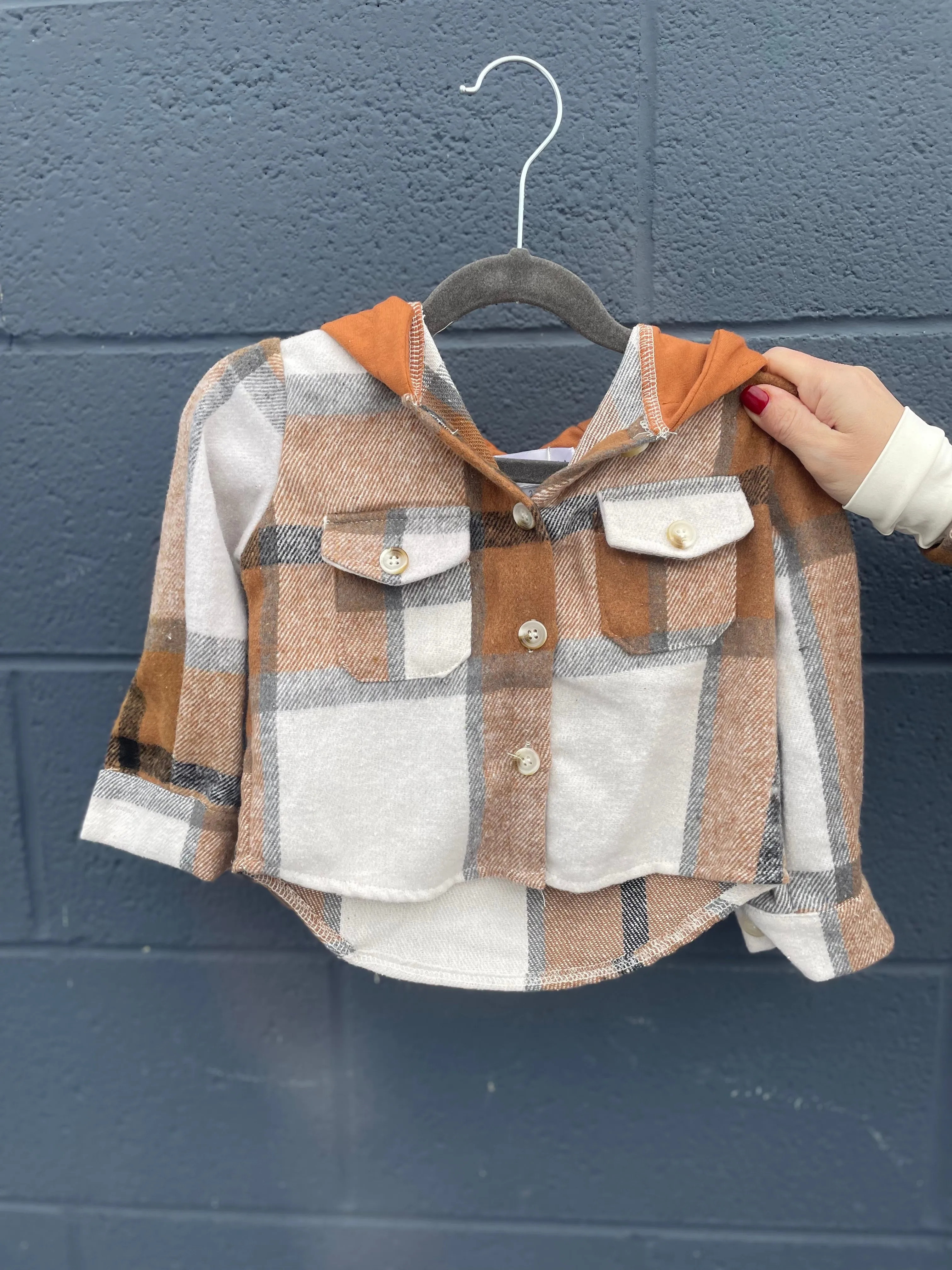 Kids Hooded Brown Plaid Shacket