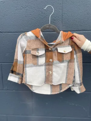 Kids Hooded Brown Plaid Shacket