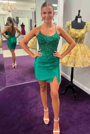 Lace-Up Green Beaded Bodycon Homecoming Dress