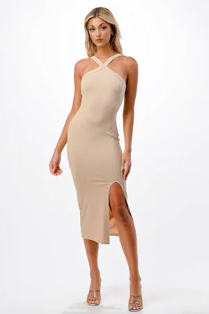 Latte Cross Neck Ribbed Midi Solid Dress