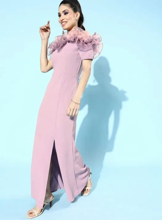 Lavender Scuba Bodycon Maxi Tulle Off Shoulder Dress with Ruffled Shoulder