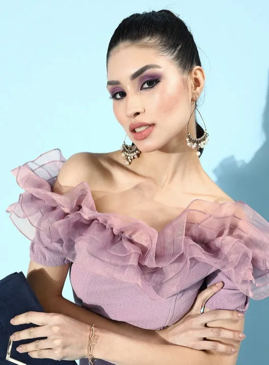 Lavender Scuba Bodycon Maxi Tulle Off Shoulder Dress with Ruffled Shoulder