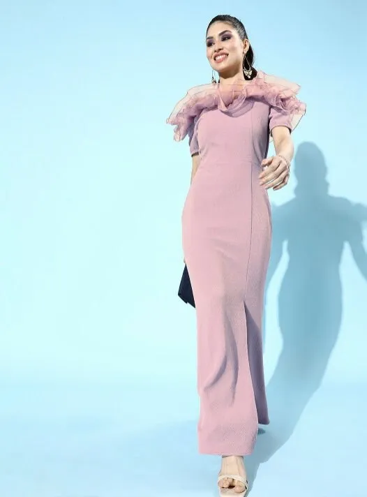 Lavender Scuba Bodycon Maxi Tulle Off Shoulder Dress with Ruffled Shoulder