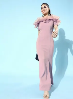 Lavender Scuba Bodycon Maxi Tulle Off Shoulder Dress with Ruffled Shoulder