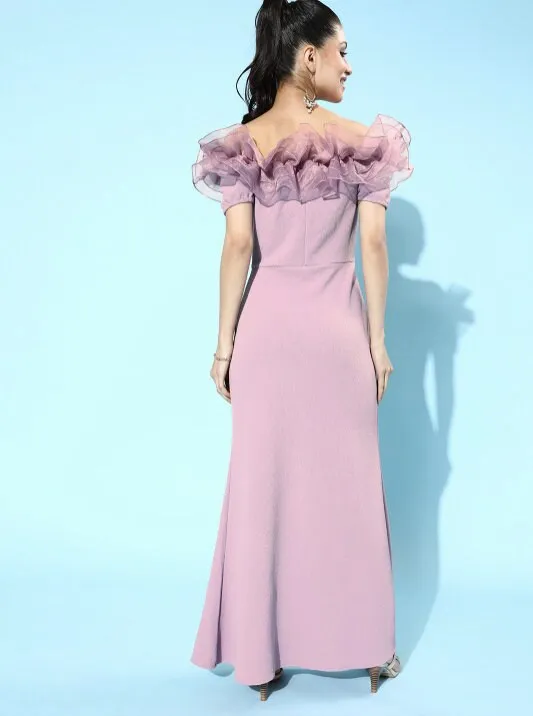 Lavender Scuba Bodycon Maxi Tulle Off Shoulder Dress with Ruffled Shoulder