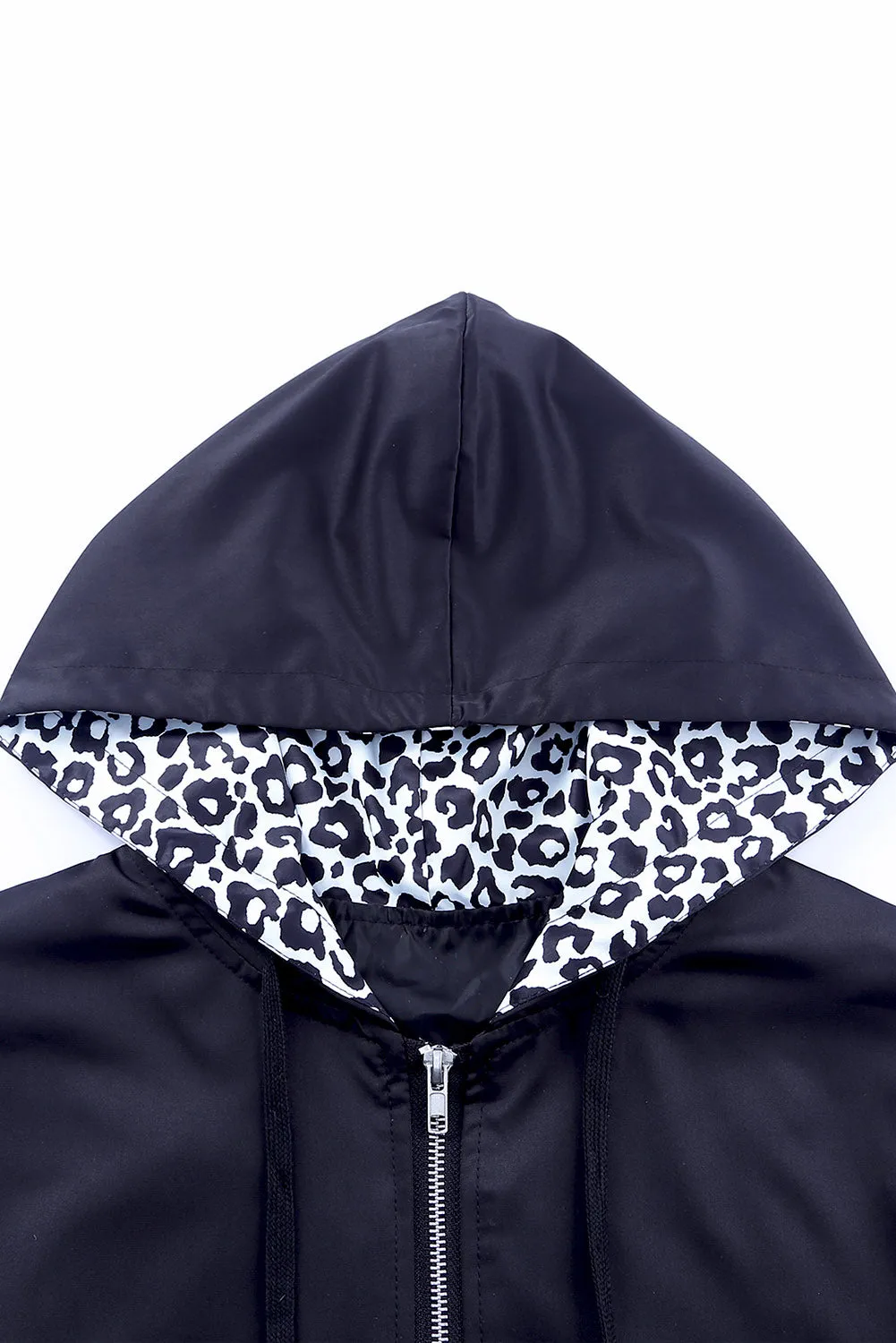 Leopard Color Block Pockets Black Zip-up Hooded Jacket