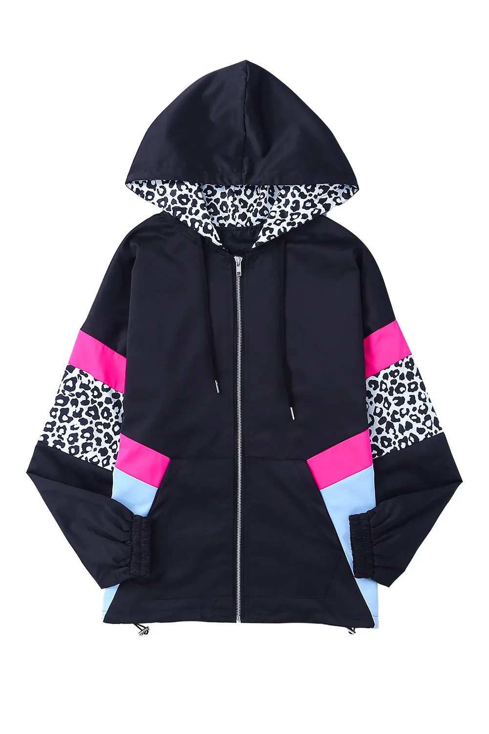 Leopard Color Block Pockets Black Zip-up Hooded Jacket