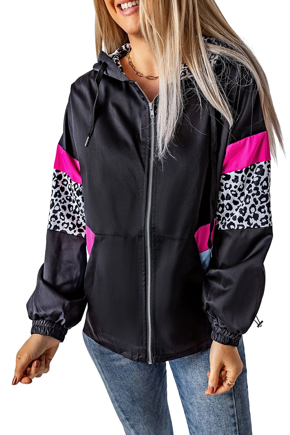 Leopard Color Block Pockets Black Zip-up Hooded Jacket