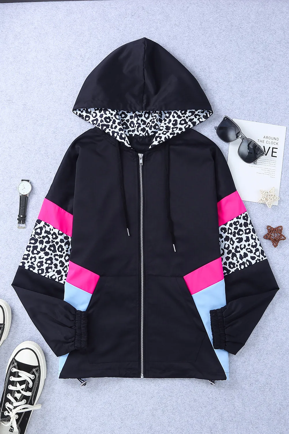 Leopard Color Block Pockets Black Zip-up Hooded Jacket