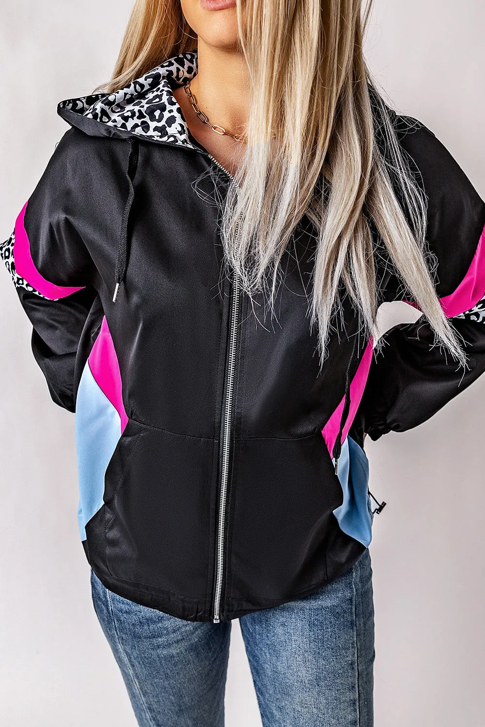 Leopard Color Block Pockets Black Zip-up Hooded Jacket