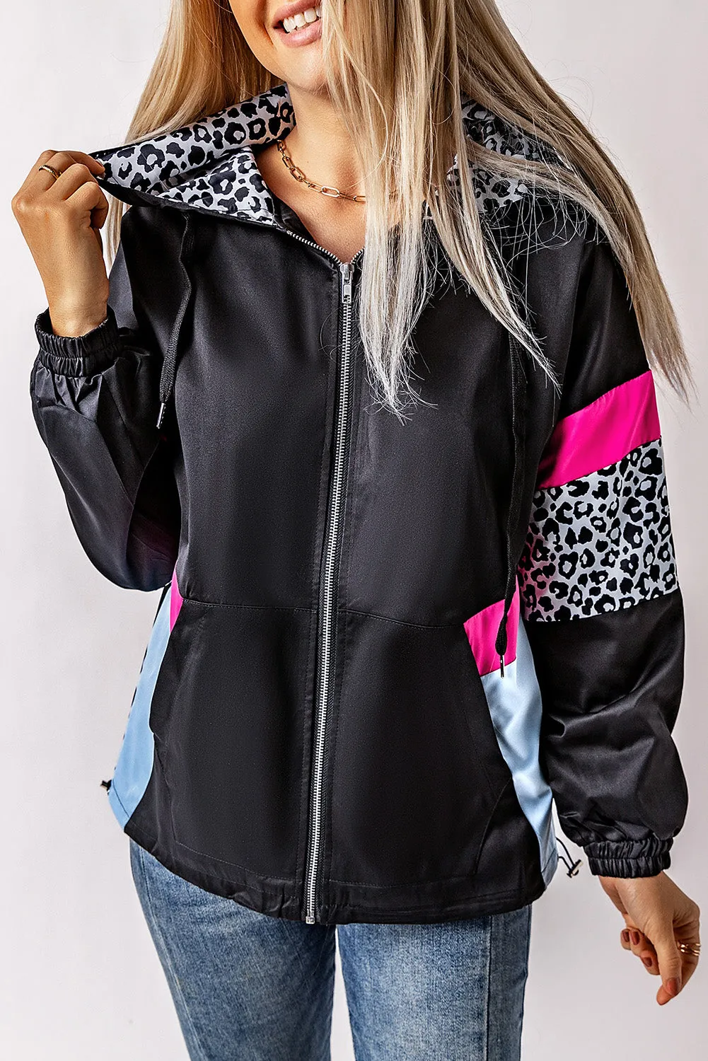 Leopard Color Block Pockets Black Zip-up Hooded Jacket