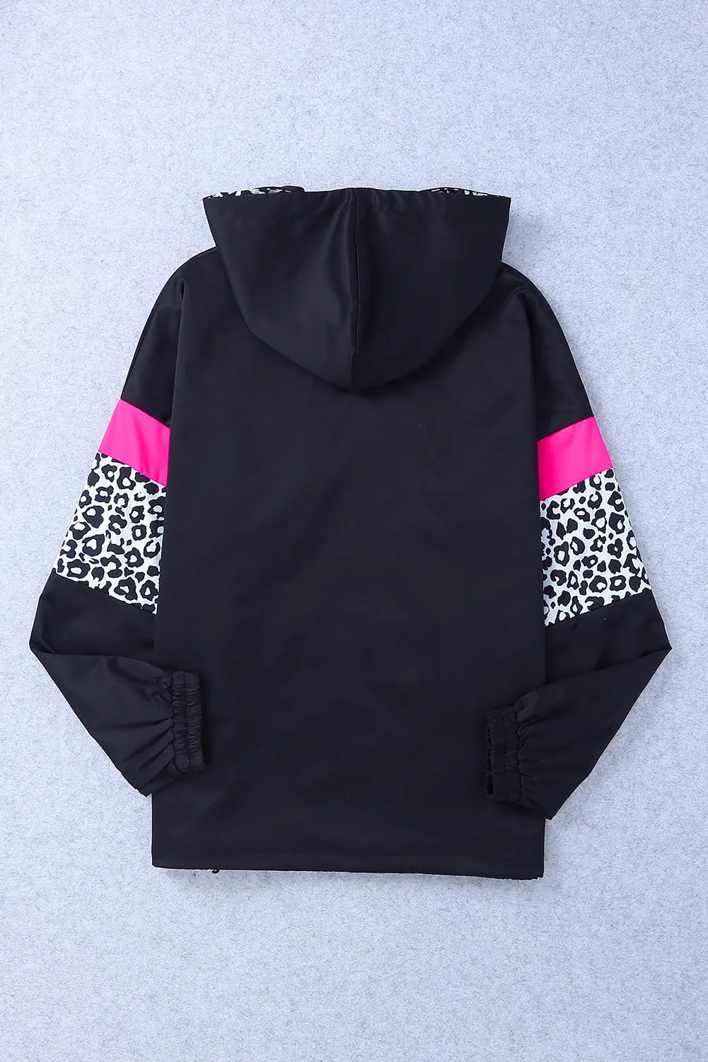 Leopard Color Block Pockets Black Zip-up Hooded Jacket