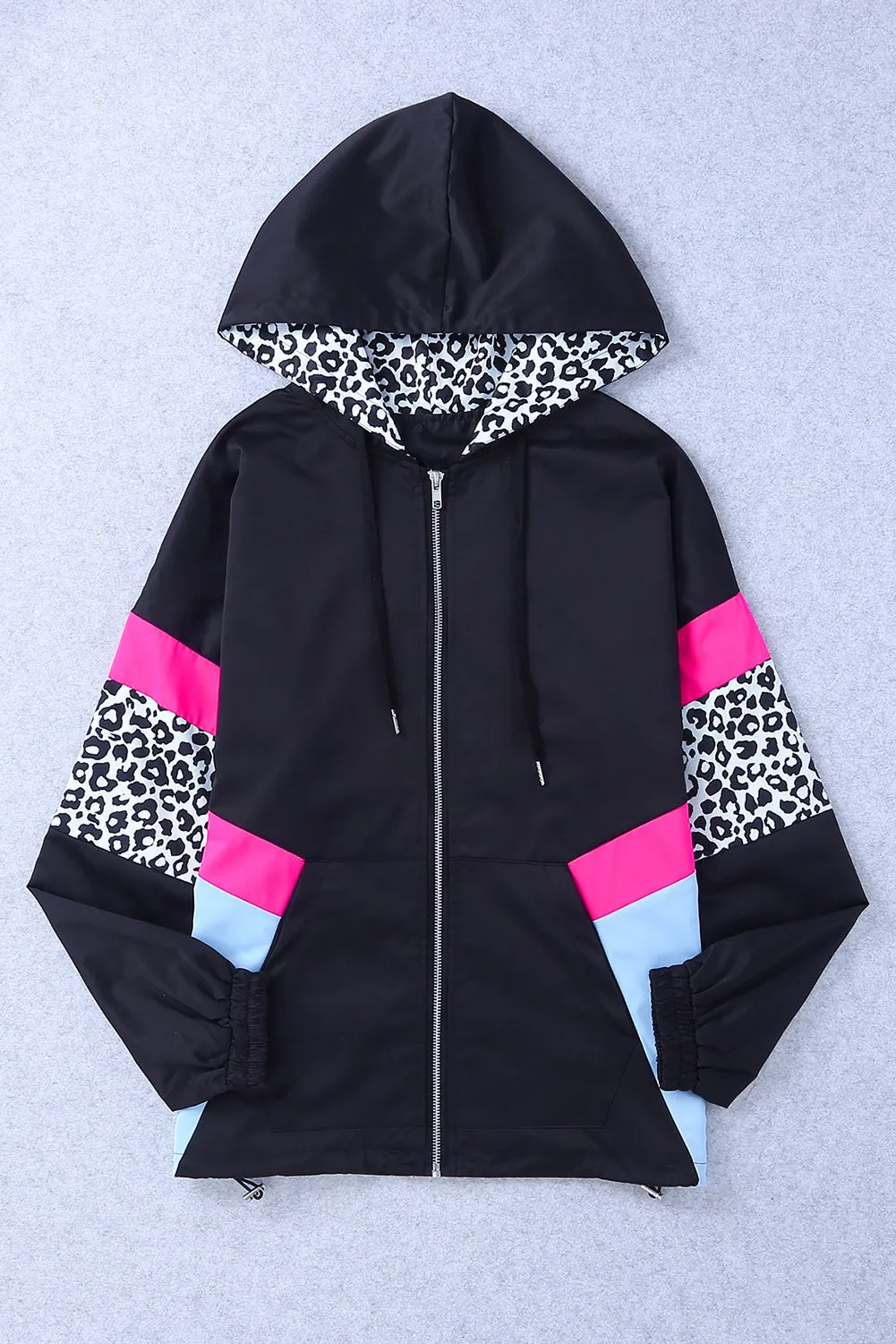 Leopard Color Block Pockets Black Zip-up Hooded Jacket