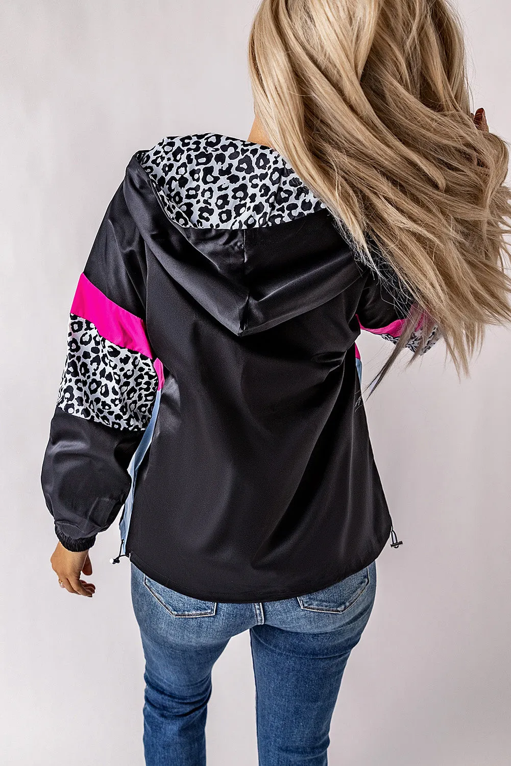 Leopard Color Block Pockets Black Zip-up Hooded Jacket
