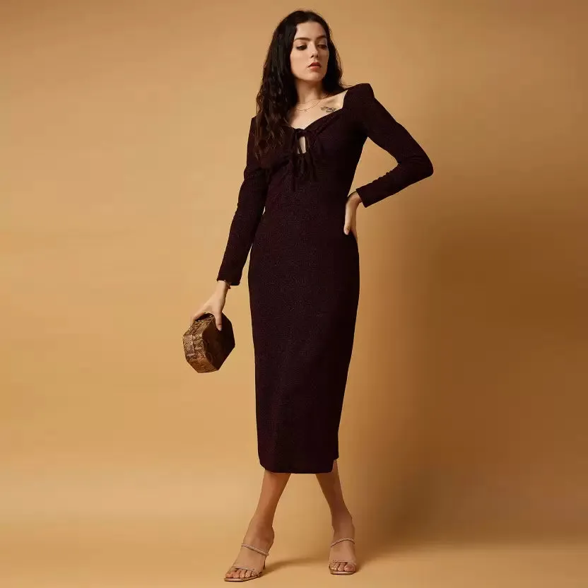 Maroon Solid Bodycon Midi/Calf Length Dress