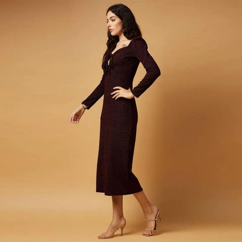 Maroon Solid Bodycon Midi/Calf Length Dress