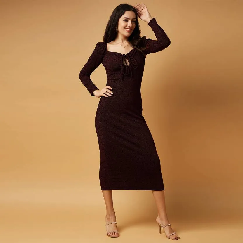 Maroon Solid Bodycon Midi/Calf Length Dress