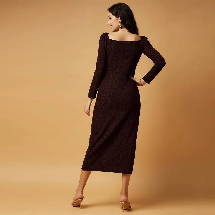 Maroon Solid Bodycon Midi/Calf Length Dress