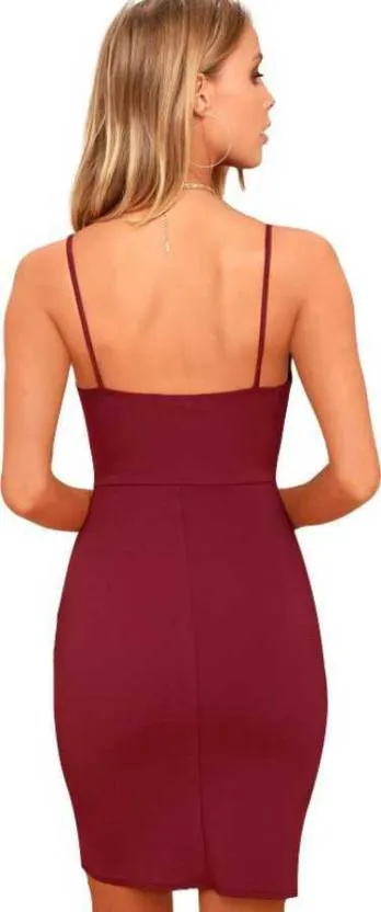 Maroon Solid Sleeveless Bodycon Dress