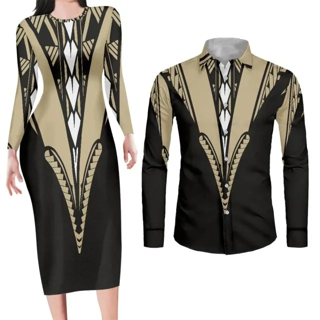 Matching Dress and Shirt Geometric Print Perfect Couple Engagement Outfit For Photos