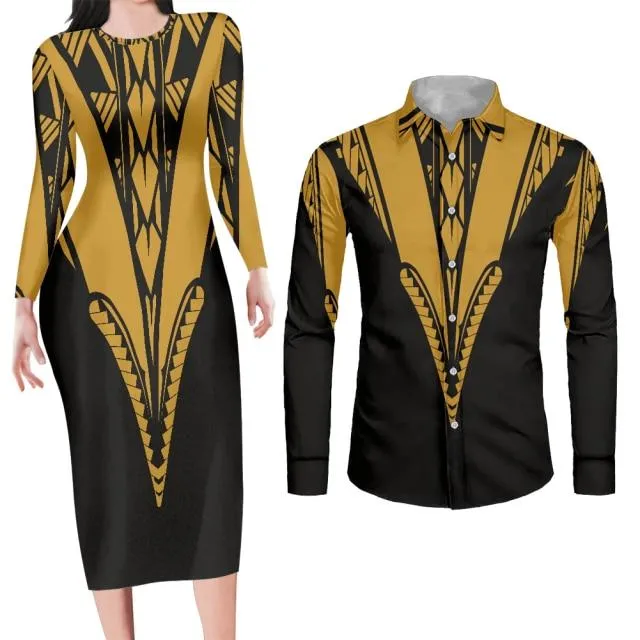 Matching Dress and Shirt Geometric Print Perfect Couple Engagement Outfit For Photos