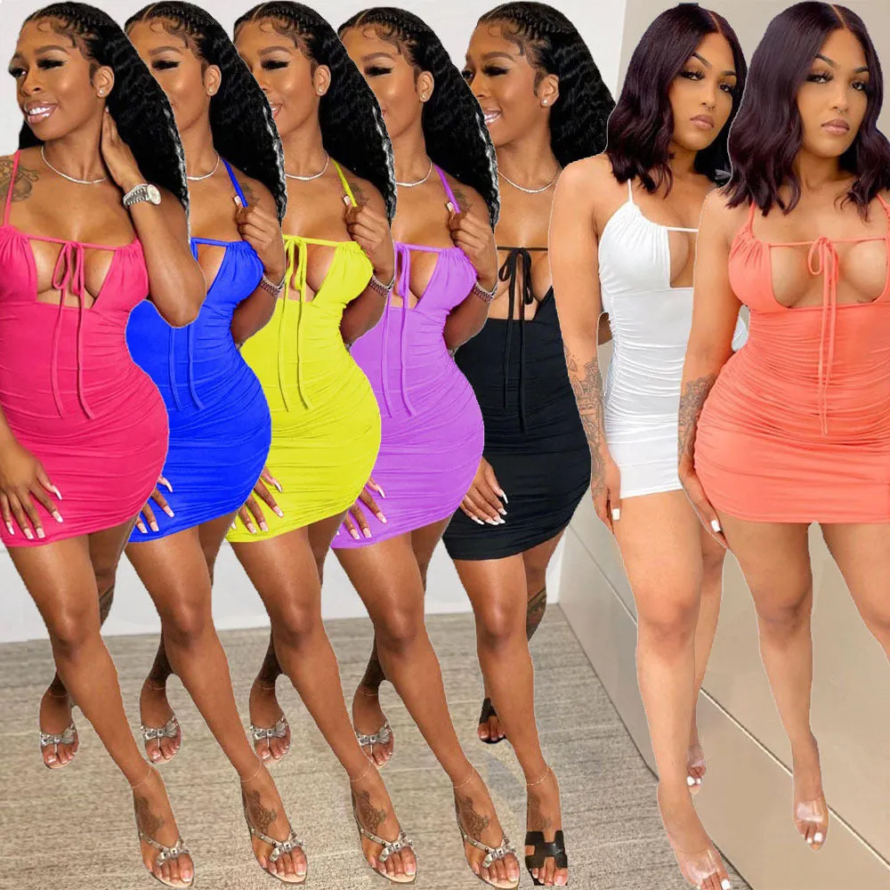 MB FASHION Ruched Bodycon Mini Dress with Tie Front Detail 9298R
