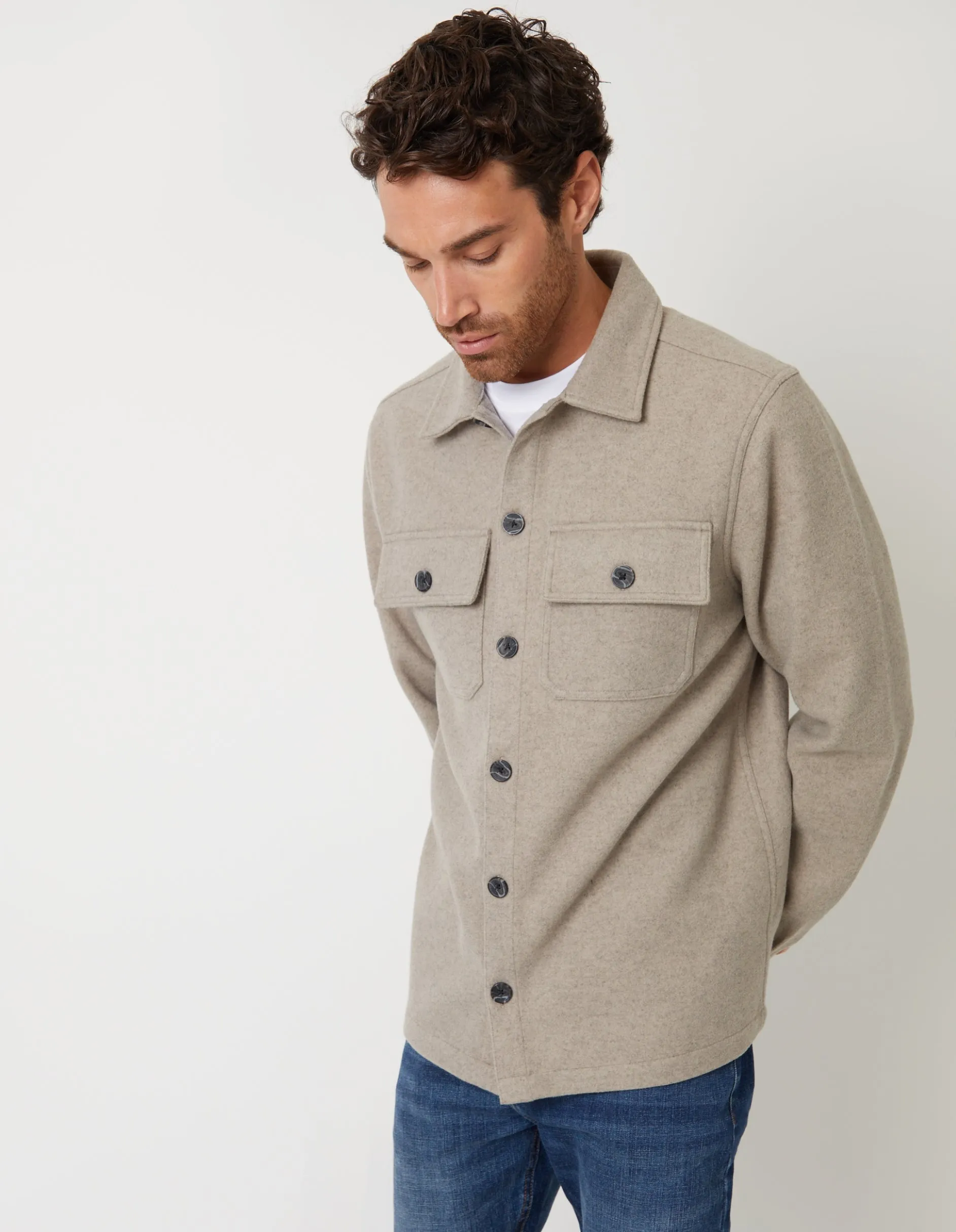 Men's Beige Faux Wool Button Up Shacket