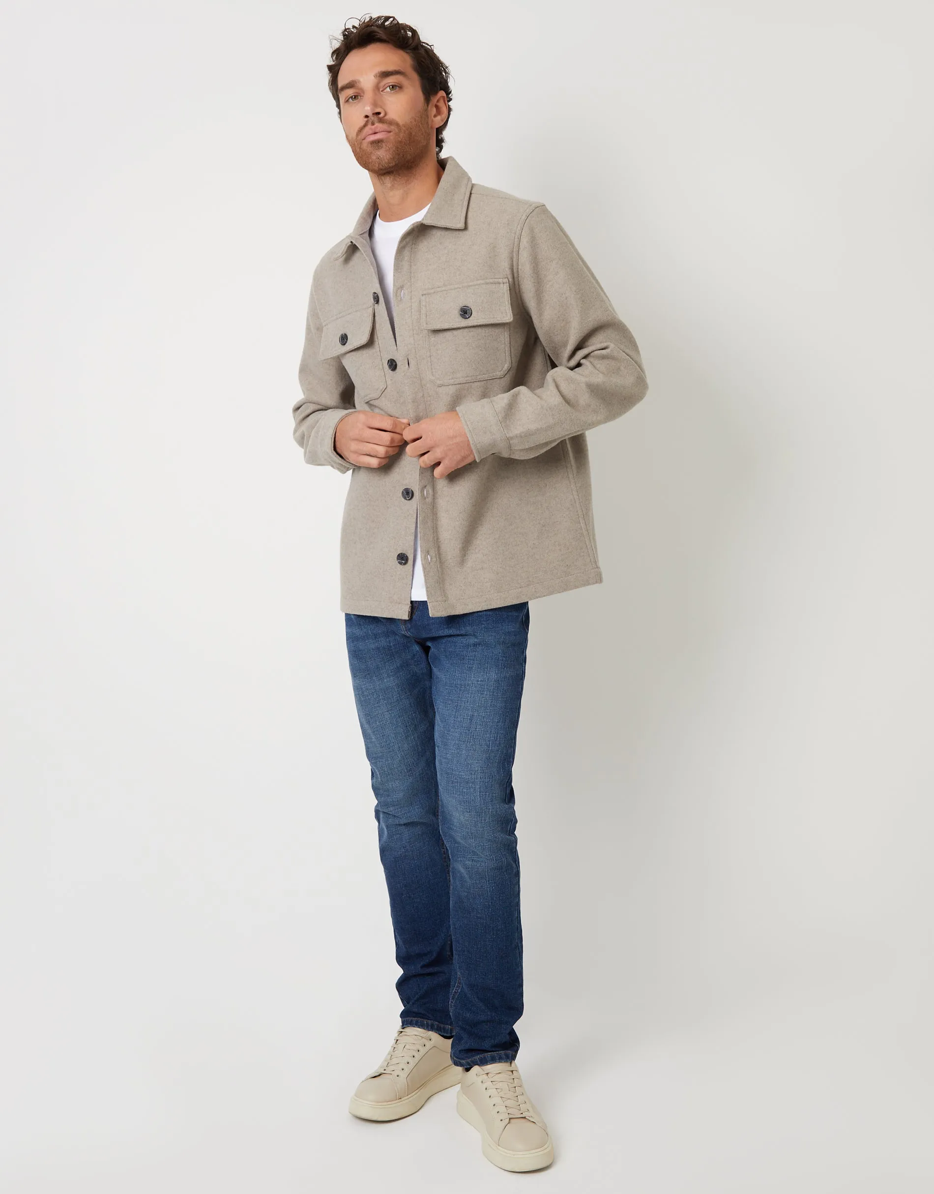 Men's Beige Faux Wool Button Up Shacket