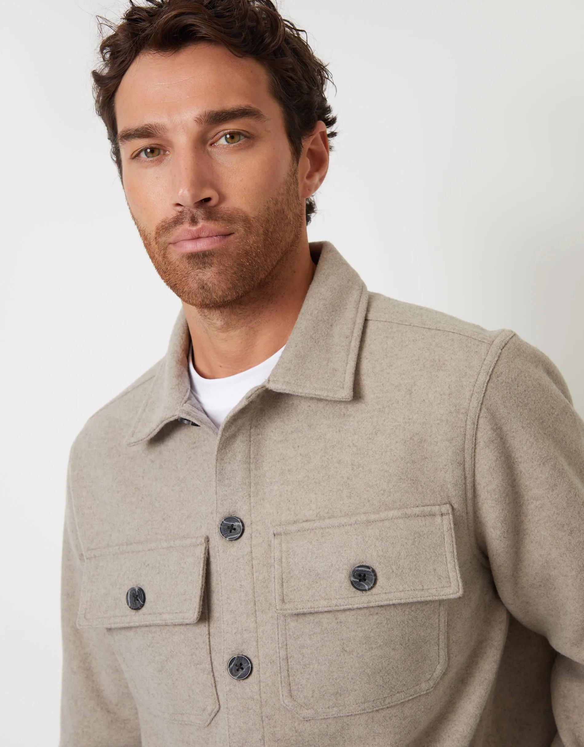 Men's Beige Faux Wool Button Up Shacket