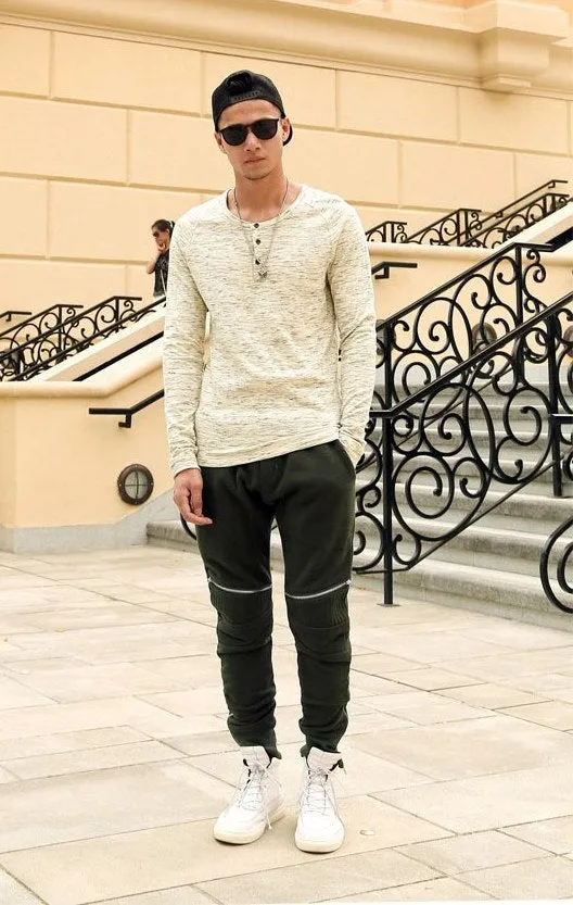 Men's Spring/Autumn Elastic Waist Cotton Joggers With Decorative Zippers