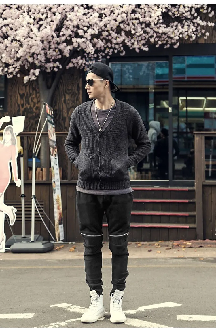 Men's Spring/Autumn Elastic Waist Cotton Joggers With Decorative Zippers