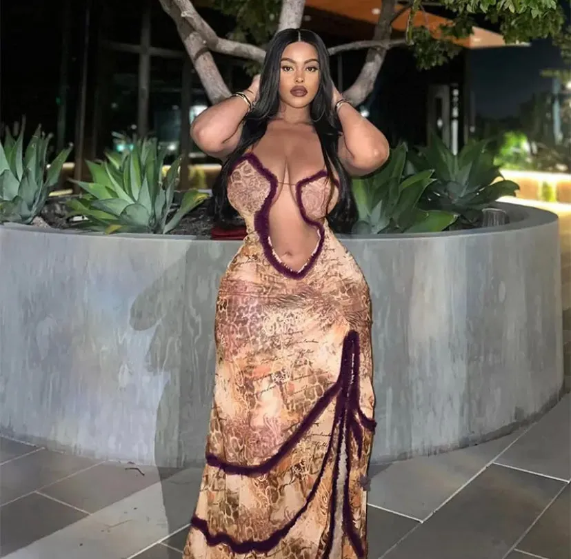 Mesh Ruffle Open Front Maxi Dress