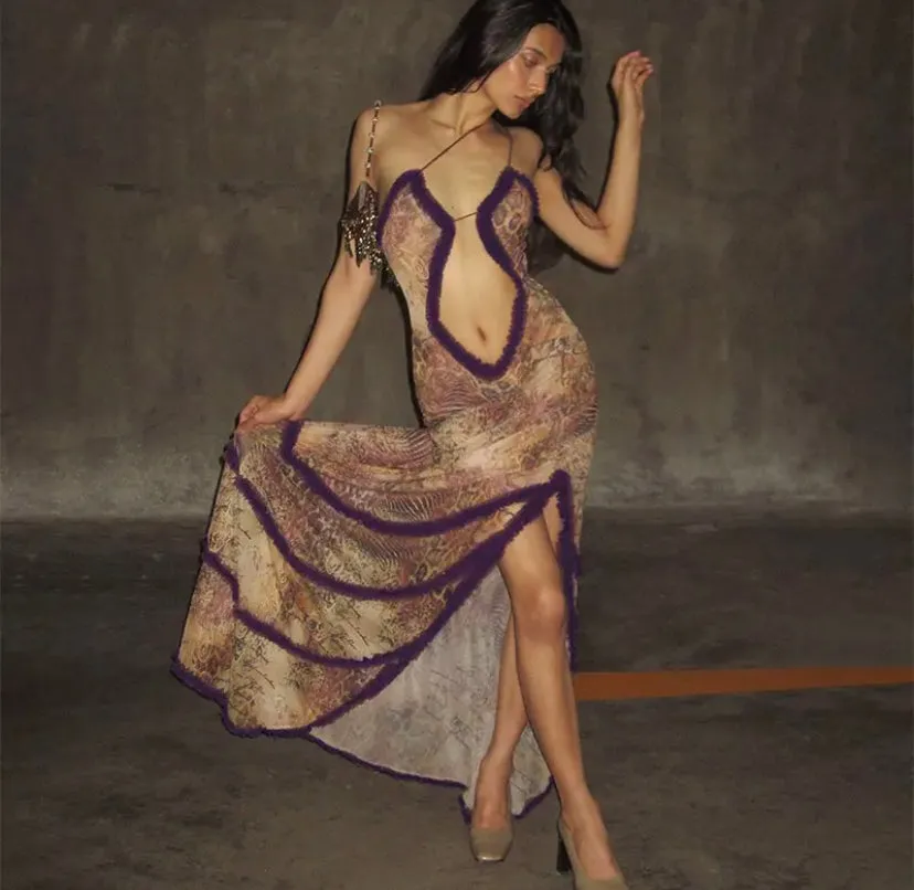 Mesh Ruffle Open Front Maxi Dress